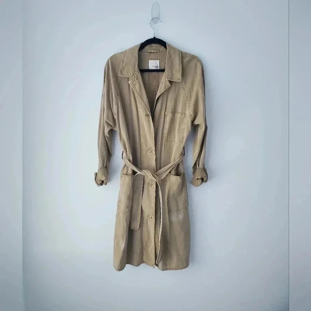 Aritzia Wilfred Lyocell Cotton Trench Coat Tan Belted Lightweight Minimalist - Picture 2 of 13